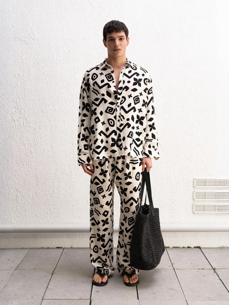 Giesto Beige Natural GIESTO Ethnic Print Relaxed Fit Wide Leg Pants for Men | Best Price UAE